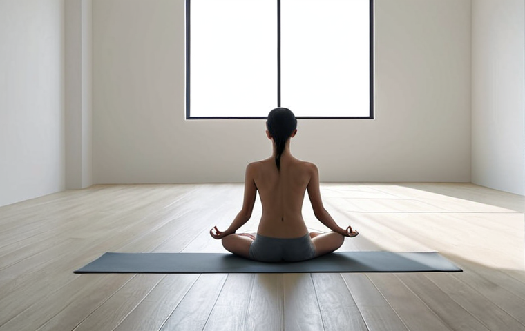 A minimalist lifestyle promoting mental well-being: serene individual in a simple, uncluttered space, practicing mindfulness, bathed in soft natural light.