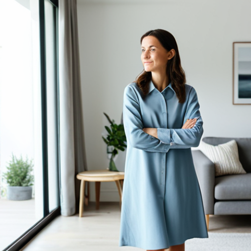 A professional adult woman, fully clothed in modest, comfortable attire, stands with a serene expression in a brightly lit, minimalist living room. The room embodies clean lines, sparse yet intentional decor, and large windows that fill the space with natural light. The environment is impeccably organized and clutter-free, reflecting a state of mental clarity and peace. This scene is captured with professional photography quality, ensuring high detail and a calming ambiance. safe for work, appropriate content, perfect anatomy, correct proportions, natural pose, well-formed hands, proper finger count, natural body proportions, professional dress, fully clothed, family-friendly.