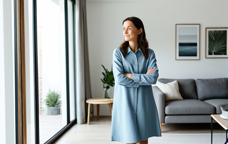 A professional adult woman, fully clothed in modest, comfortable attire, stands with a serene expression in a brightly lit, minimalist living room. The room embodies clean lines, sparse yet intentional decor, and large windows that fill the space with natural light. The environment is impeccably organized and clutter-free, reflecting a state of mental clarity and peace. This scene is captured with professional photography quality, ensuring high detail and a calming ambiance. safe for work, appropriate content, perfect anatomy, correct proportions, natural pose, well-formed hands, proper finger count, natural body proportions, professional dress, fully clothed, family-friendly.
